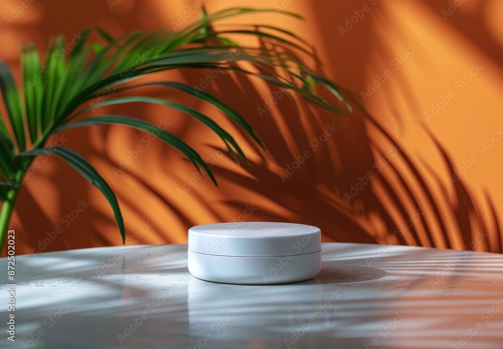 Poster White Circular Platform Display With Palm Leaf Shadows on Orange Background