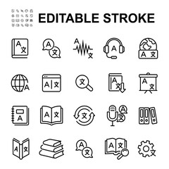 Collection of translation related icons. Made in thin line style.