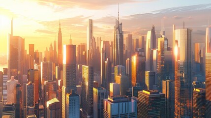 A panoramic view of an ultramodern city skyline at dawn