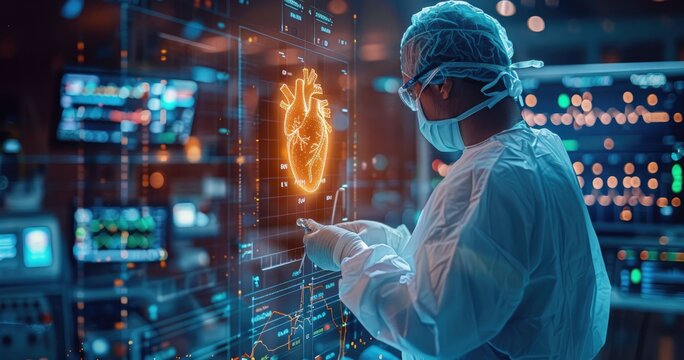 Doctor in surgical attire interacts with futuristic medical AR technology displaying human heart hologram in high-tech environment.