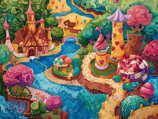 A whimsical aerial view of a fantasy kingdom made entirely of delicious desserts