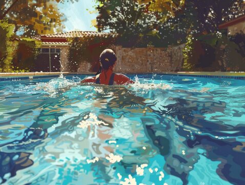 Rear view of an instructor demonstrating swimming techniques in a sunlit pool, photorealistic style, the sparkling water highlighting the clarity and effectiveness of the lesson