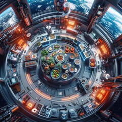 Aerial view of a futuristic space station orbiting Earth