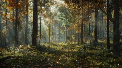 Obraz premium Wide-angle view of a lush forest in autumn