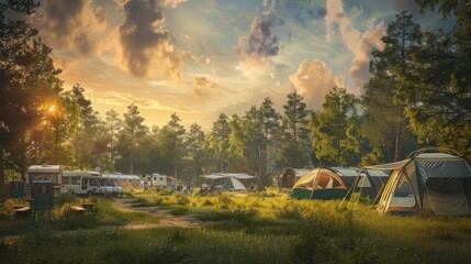 Wide-angle view of a serene campsite, oil painting style, focusing on campers practicing safety rules and respect, clear signage and peaceful ambiance, twilight sky background