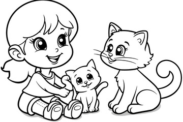 Obraz premium A girl is sitting with a cat and another cat. The girl is smiling and the cats are looking at her