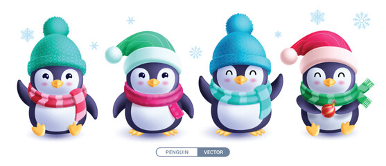 Penguin characters vector set design. Christmas penguins happy smiling character wearing xmas hat and scarf elements isolated in white background. Vector illustration cute mascot penguin collection.
