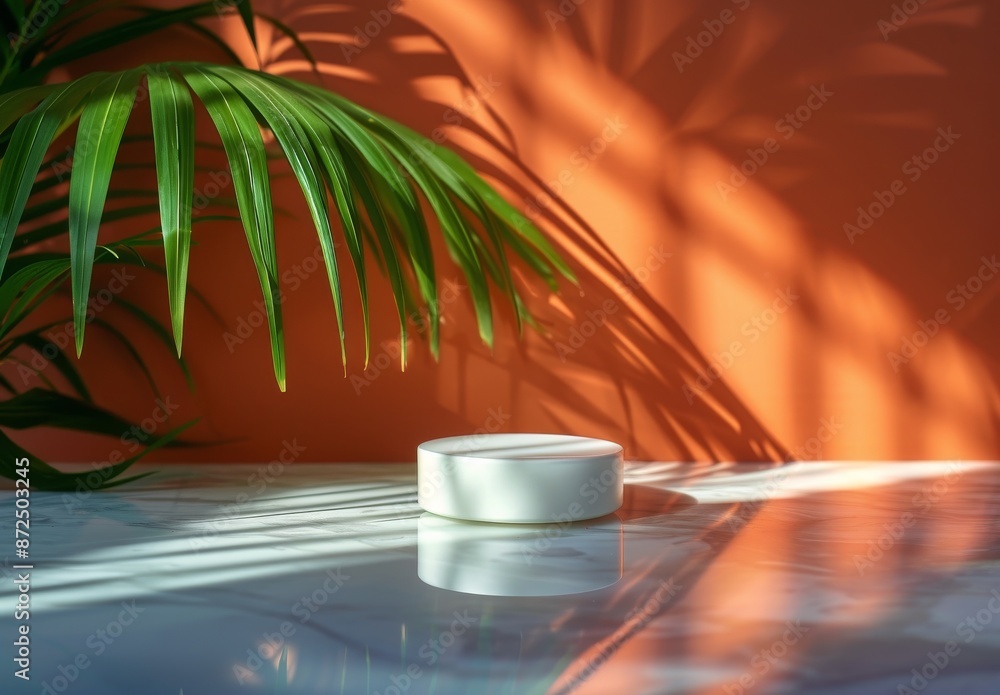 Poster White Circular Platform Display With Palm Leaf Shadows on Orange Background