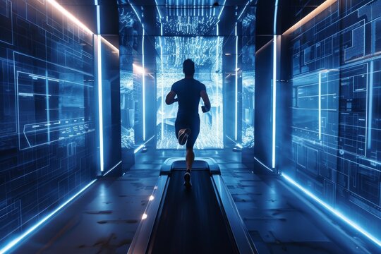 Futuristic Runner in a Digitalized Corridor
