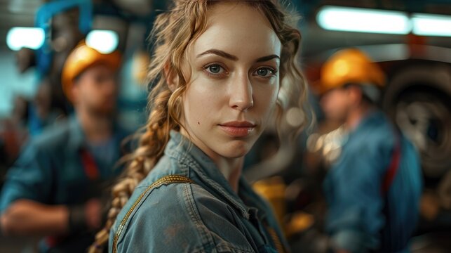 Woman with long hair and a blue jacket is standing in front of a group of men. The woman is wearing a yellow helmet and is looking directly at the camera. Scene is serious and focused