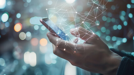 Hand using smartphone with digital technology data