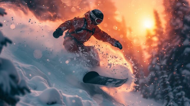 Snowboarder Riding Through Powder Snow at Sunset - Generative AI