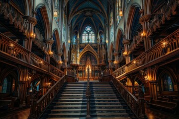 Fototapeta premium Ornate Church Interior with Stairway and Stained Glass