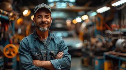 Obraz premium Smiling Mechanic in a Workshop - Generative AI