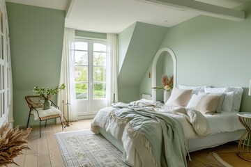 Elegant and Serene Green Bedroom with a View
