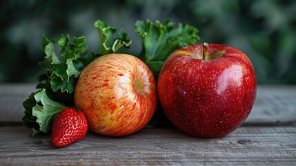 Apples and a strawberry are on a wooden table. The apples are red and one is slightly larger than the other. Concept of freshness and natural beauty