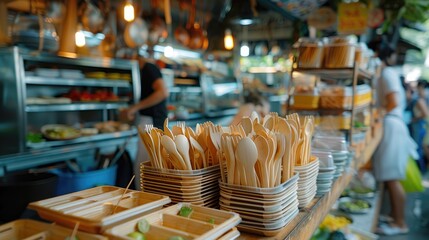 A restaurant with a lot of food and utensils. People are standing around and looking at the food