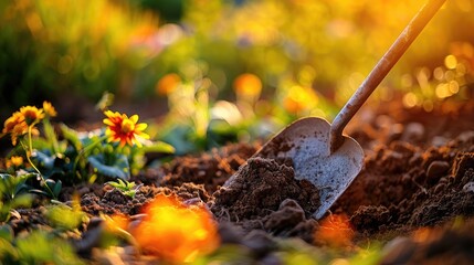 preparing soil for planting garden plants. closeup of spade in flower bed on sunny summer evening. gardening and horticulture background. banner with copy space