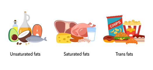 Saturated, unsaturated and trans fats. Choice between healthy and unhealthy food. Fastfood vs nutrient wholesome products. Nutrition poster vector illustration.