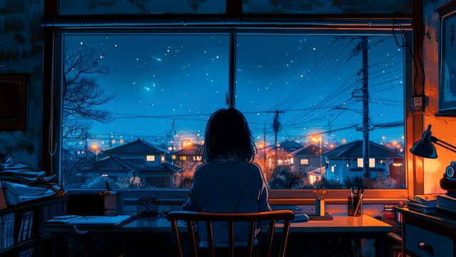 Young woman sitting by the window at night, gazing at a quiet suburban street, creating a peaceful and introspective scene with a chill atmosphere