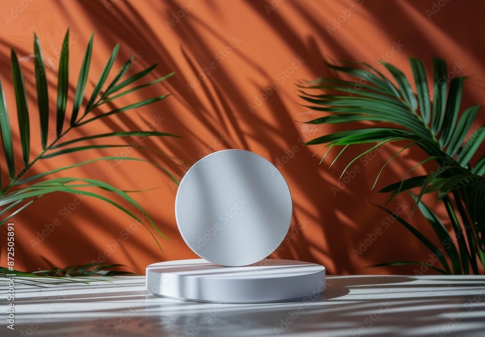 Poster White Circular Platform Display With Palm Leaf Shadows on Orange Background