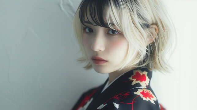 和服をきた金髪の若いファッションモデル