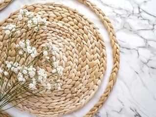 Obraz premium Elegant White Marble Background with Straw Mat and Flowers in Flat Lay Composition for Website Banner and E-commerce Product Display Mockup. Beautiful Copy Space Design for Presentation and Marketing.