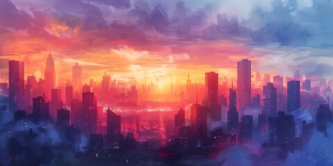 Vibrant Cityscape at Sunrise Embracing the Energy of New Beginnings