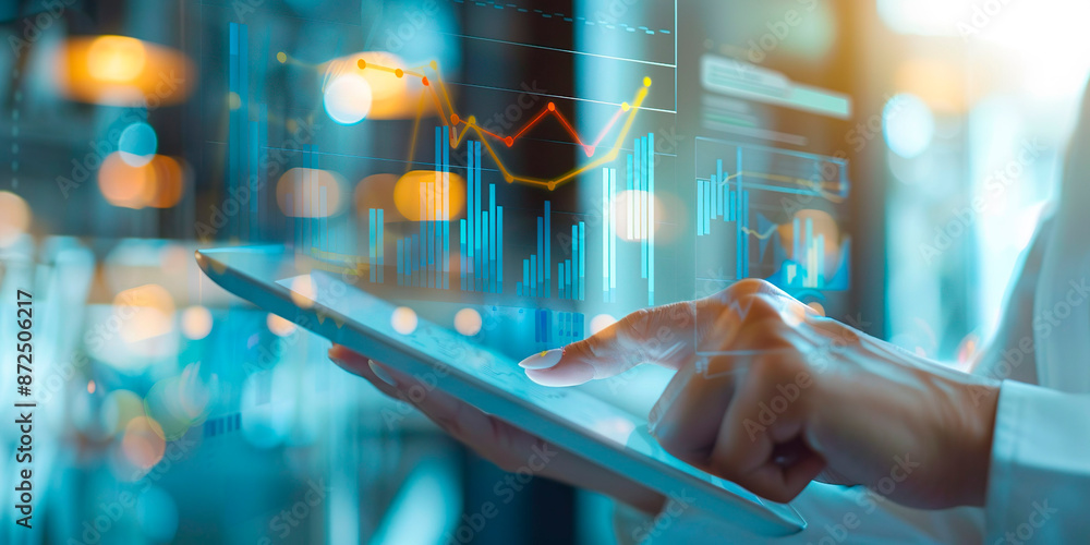 Poster hands of woman using a tablet to touch a graph on a screen. concept of technology and innovation, as