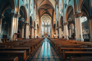 Fototapeta premium Interior View of a Cathedral with Rows of Pews