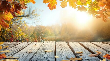 Naklejka na ściany i meble Autumn Leaves on a Wooden Deck