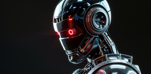 Fototapeta premium Close Up of a Cyborgs Face With Glowing Red Eyes and a Mechanical Head