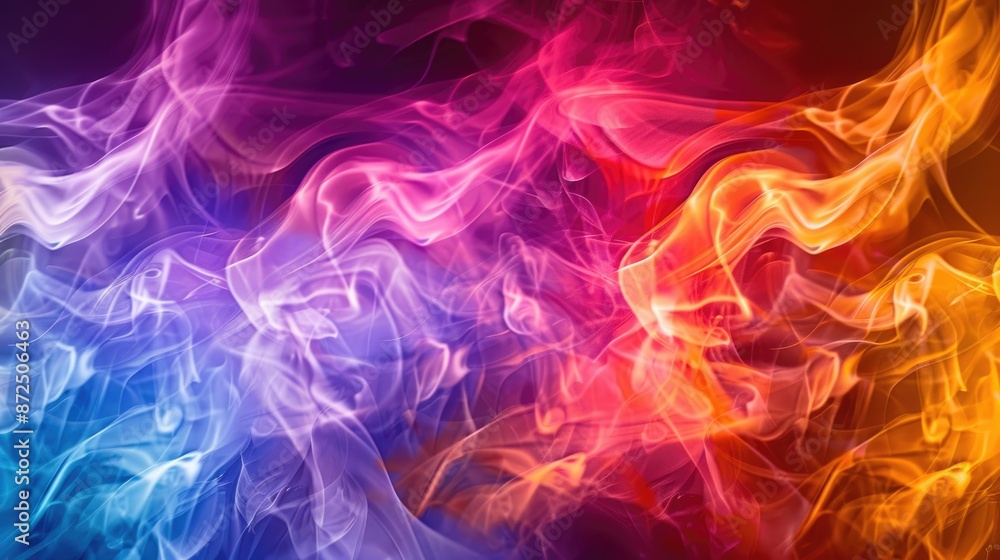 Poster abstract image with swirling rainbowcolored smoke on dark background, creating mesmerizing visual ex
