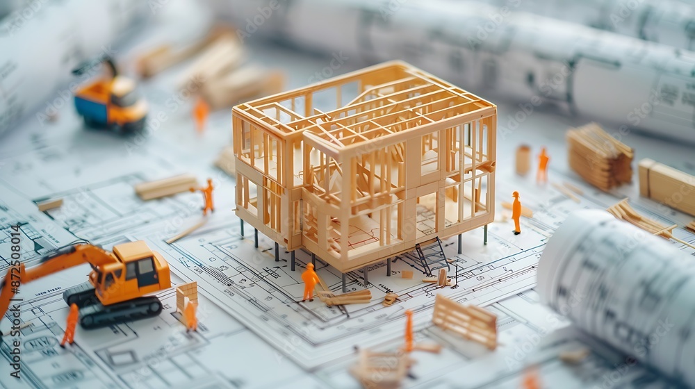 Poster small model construction worker a small model home is being built based on architectural blueprints.