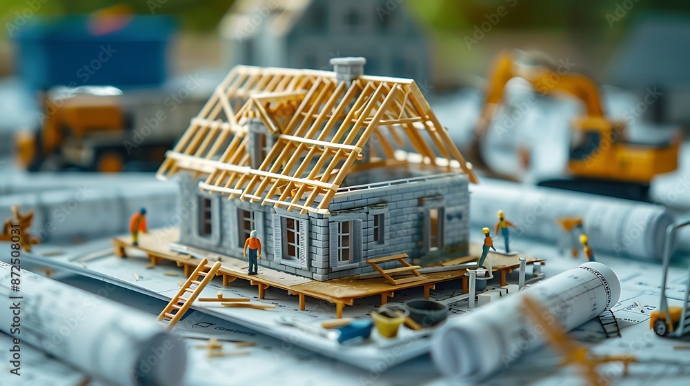 Poster the picture shows a small construction worker. a small model home is being built based on architectu