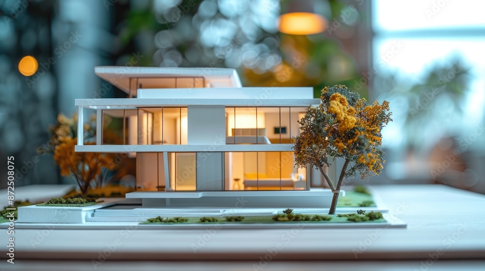 Aufkleber model of a house with a tree in front of it. the house is white and has a lot of windows
