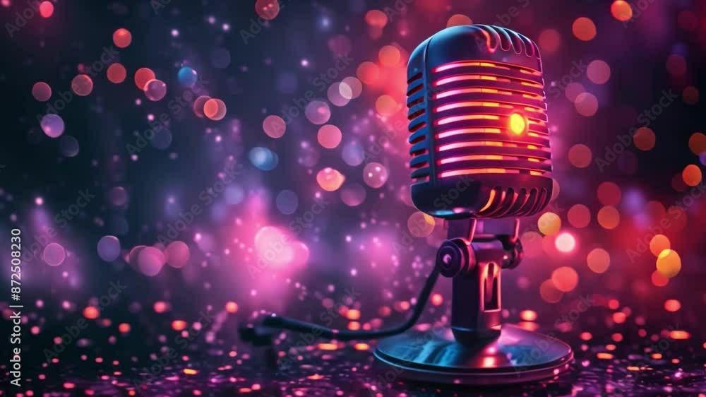 Poster this vintage microphone on a stage with colorful lights in the background.