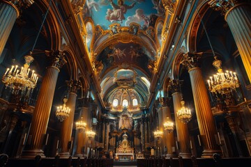 Fototapeta premium Interior of a Grand Cathedral with Gilded Columns and Chandeliers