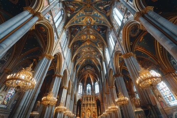 Ornate Church Interior with Gilded Columns and Chandeliers
