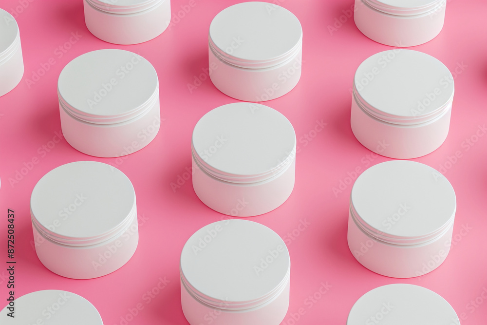 Poster row of white containers with pink background. the containers are all the same size and shape. the pi