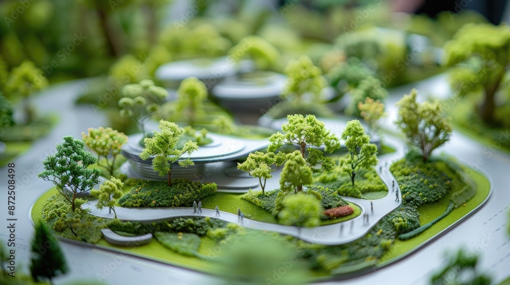 Poster close-up of an architecture model of a green park with seating areas and walking paths.
