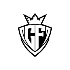 CF Letter logo with sharp triangle shield shape with crown inside white outline on white background template design
