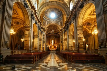 Fototapeta premium Cathedral Interior with Sunlight Streaming Through