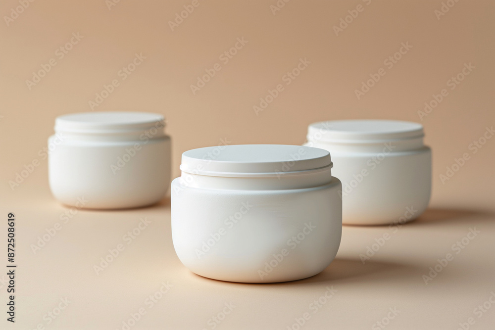 Poster three white jars are sitting on a tan surface. the jars are empty and have a smooth, clean appearanc