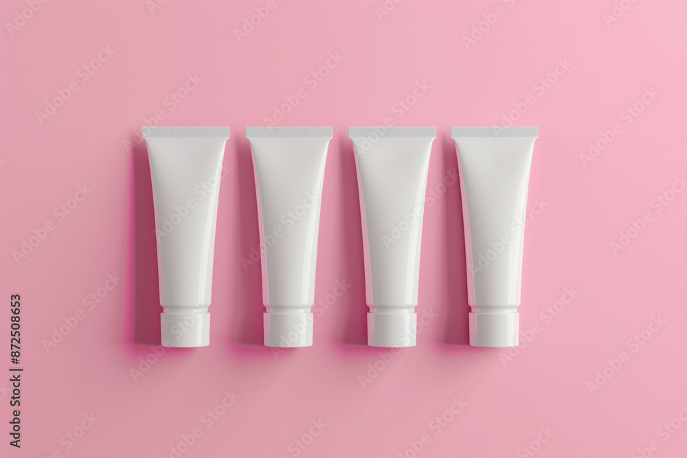Poster four white containers of makeup sit on a pink background. the containers are identical and are arran