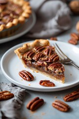 A Slice of Pecan Pie on a White Plate With Scattered Pecan Halves
