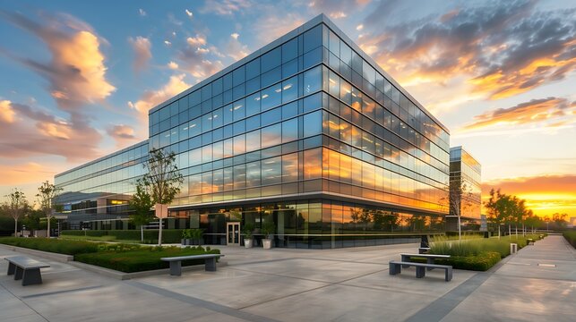 Photo of an office building with a glass fa&ccedil;ade. Reflects the surrounding environment and creates reflections on the surface. The exterior is surrounded by modern architecture.