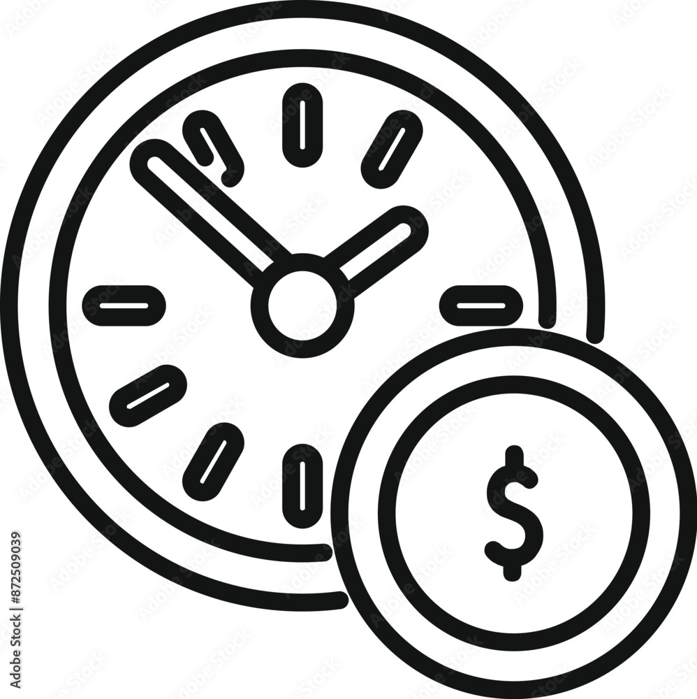 Poster simple line drawing of a clock overlapping with a coin showing the concept of time is money