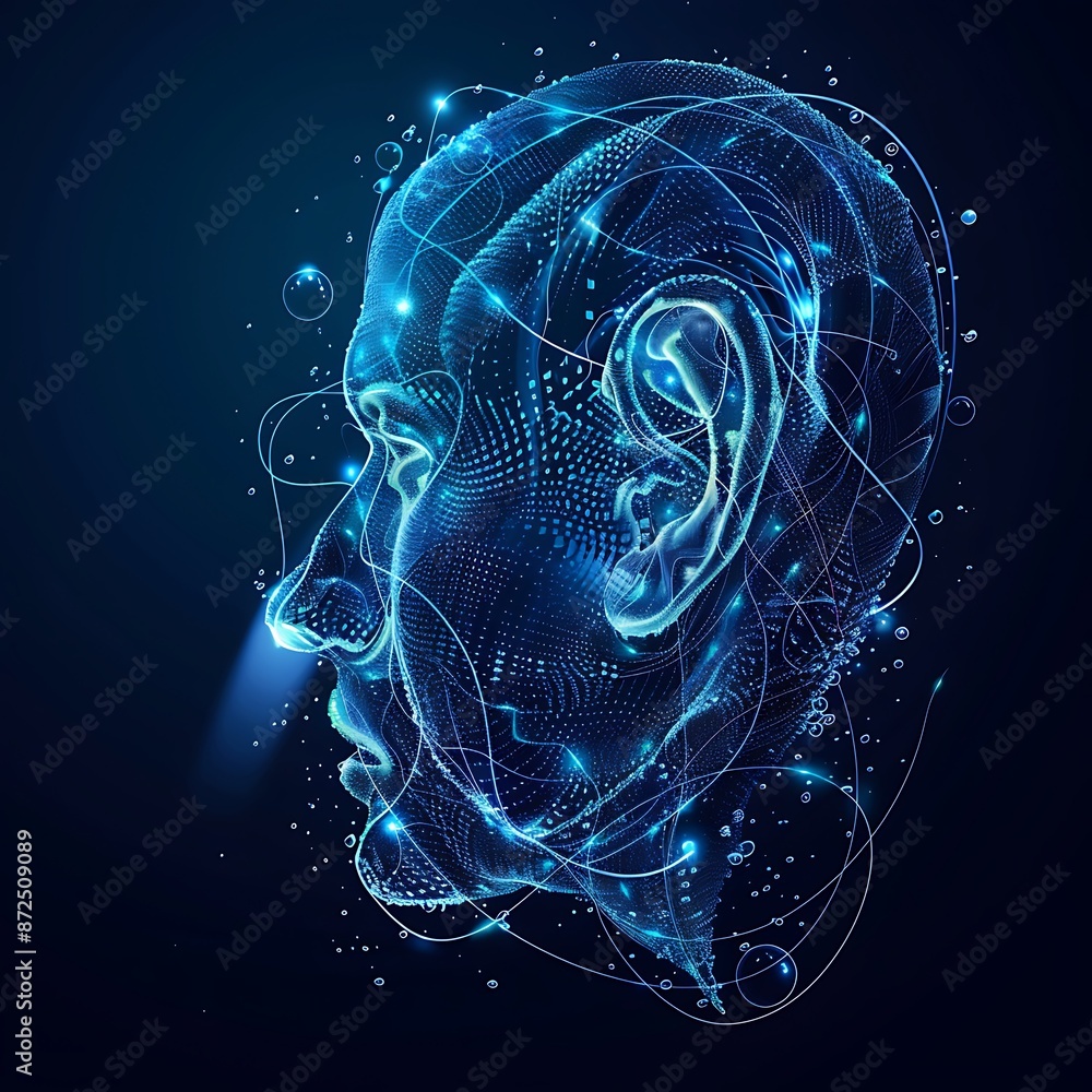 Aufkleber ears are presented in an abstract style. it features digital lines and shapes as an outline on a dar