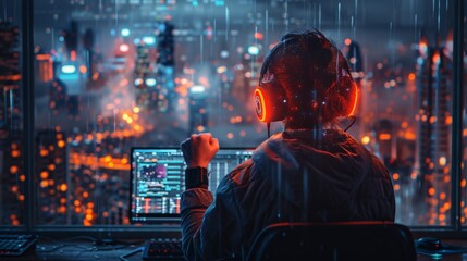 Cyberpunk Gamer in a Neon-Lit Cityscape - Generative AI